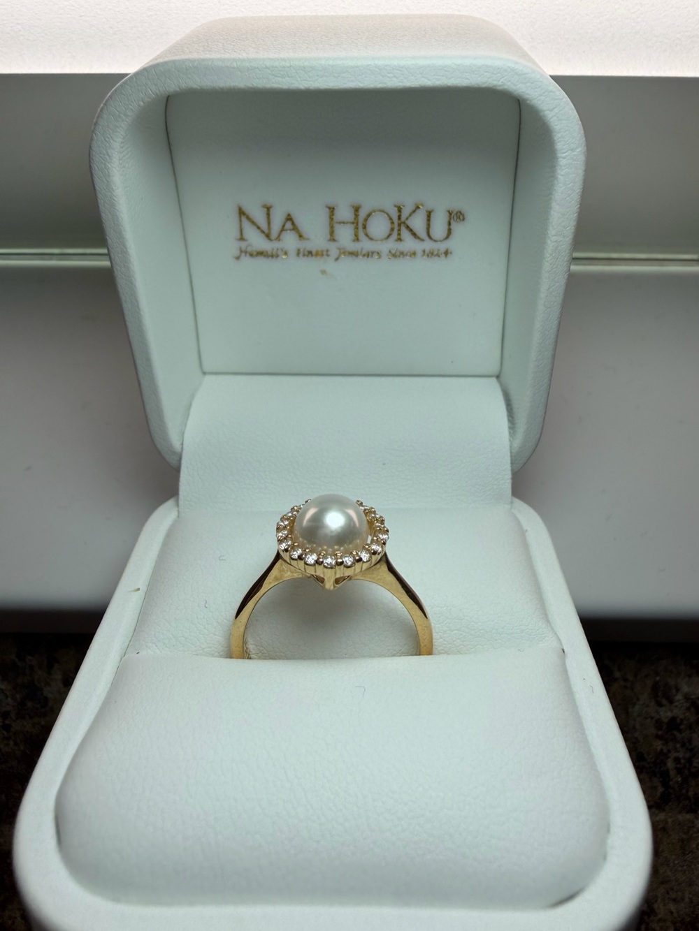 Na Hoku White 7mm Akoya Pearl Halo Diamond Ring, Size 7